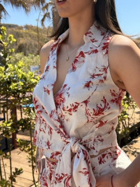 BLUSA INCROCIO FIORI ROSSI MISTO LINO EUFORIA