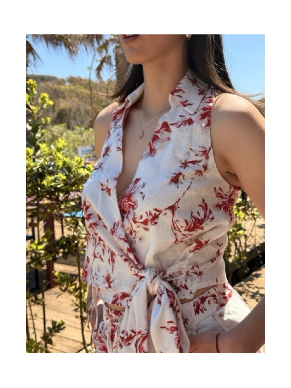 BLUSA INCROCIO FIORI ROSSI MISTO LINO EUFORIA