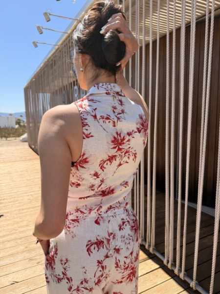 BLUSA INCROCIO FIORI ROSSI MISTO LINO EUFORIA