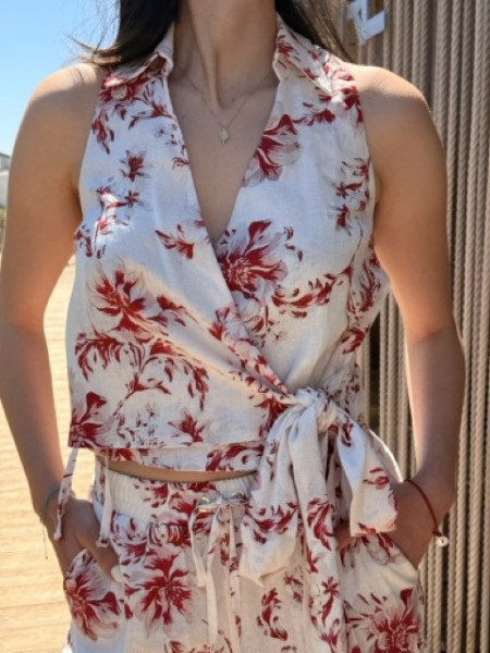 BLUSA INCROCIO FIORI ROSSI MISTO LINO EUFORIA