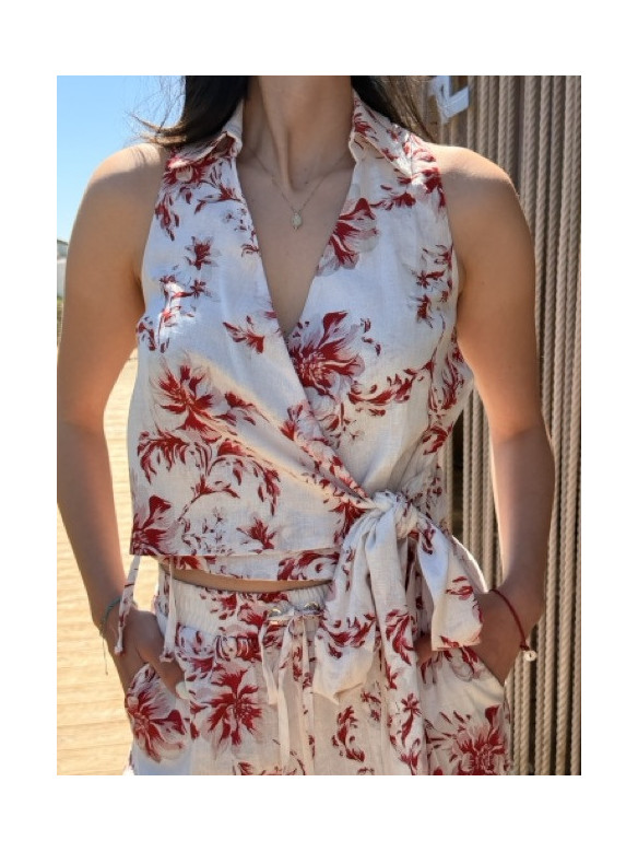 BLUSA INCROCIO FIORI ROSSI MISTO LINO EUFORIA